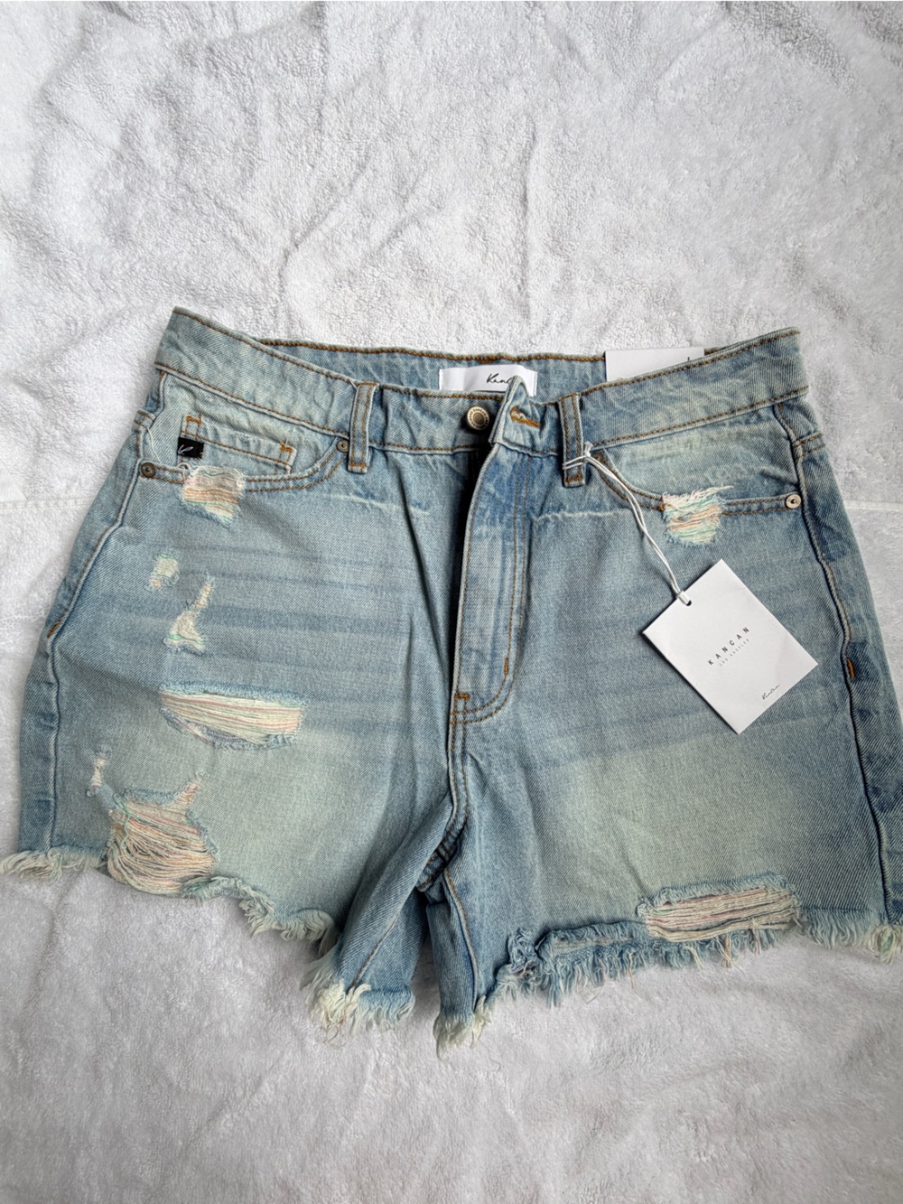 KanCan Light Blue Distressed Denim Shorts with Multicolor Distressing